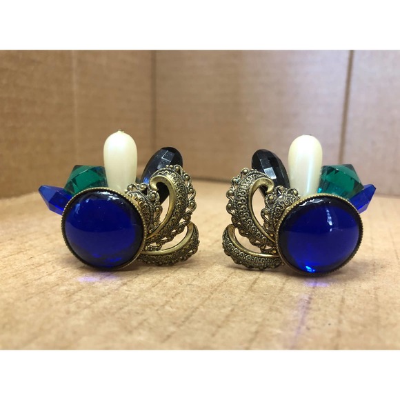 Vintage Clip On Earrings Peacock Ornate Blue Green Pearl Elegant - Picture 7 of 8